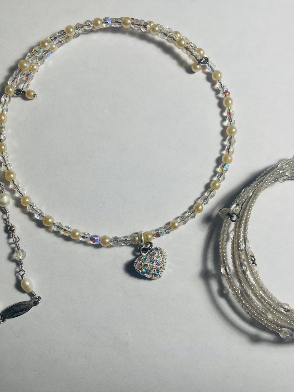 Guess Iridescent Crystal and Ivory Pearl Heart Necklace